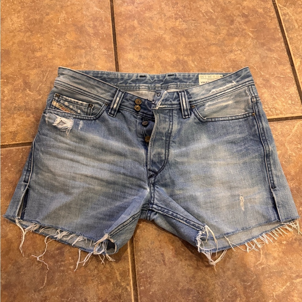 Vintage Diesel Made in Italy Blue Distressed Denim Cutoff Shorts with Frayed Hem
